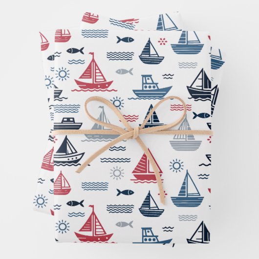 Nautisches Muster mit Segelbooten und Fischen Geschenkpapier Set (Beispiel)