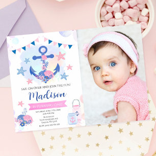 Nautisches Rosa-Marine-Anker-Mädchen 1. Geburtstag Einladung