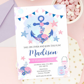 Nautisches Rosa-Marine-Anker-Mädchen 1. Geburtstag Einladung