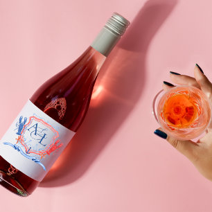 Nautisches Rot-Blau-Hummer-Wappen-Monogramm Weinetikett