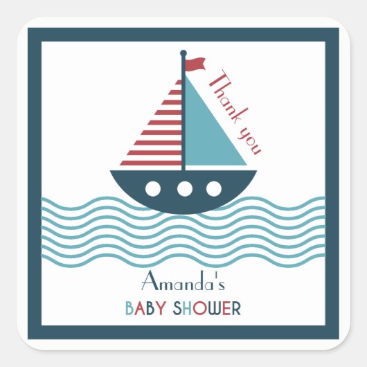 Nautisches rotes und blaues Boot BABY SHOWER GEBUR Quadratischer Aufkleber (Vorderseite)