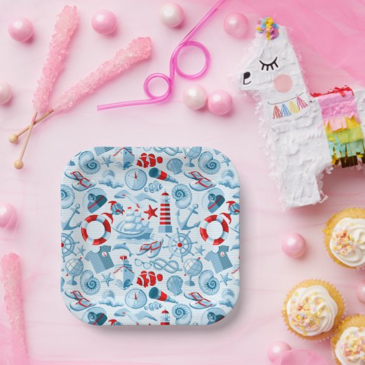 Nautisches rotes und blaues Muster Pappteller (Party)