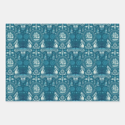 Nautisches Schiff-Ozeangedankenmuster Nr. 2 Geschenkpapier Set (Vorderseite)