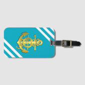 Nautisches Schiffrad/Anker aqua-blauer Streifen/Go Gepäckanhänger (Vorderseite (Horizontal))