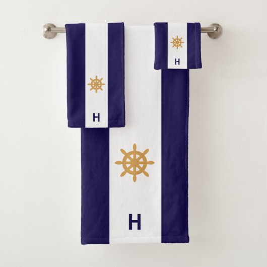 Nautisches Schiffrad und Monogramm auf blau und we Badhandtuch Set (Insitu)