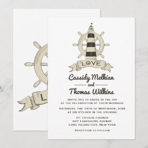 Nautisches Schiffsruder Leuchtturm Beige Hochzeit Einladung