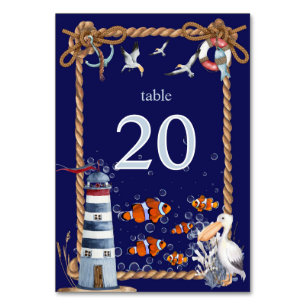 Nautisches Schild mit Leuchtturm und Clownfisch Tischnummer