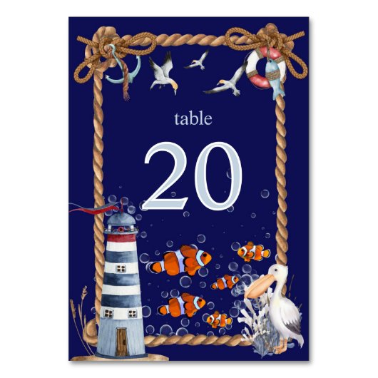 Nautisches Schild mit Leuchtturm und Clownfisch Tischnummer (Vorderseite)