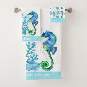 Nautisches Seepferd Custom Aquamarin Aqua Blue Mar Badhandtuch Set