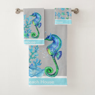 Nautisches Seepferd Custom Aquamarin Aqua Marine & Badhandtuch Set