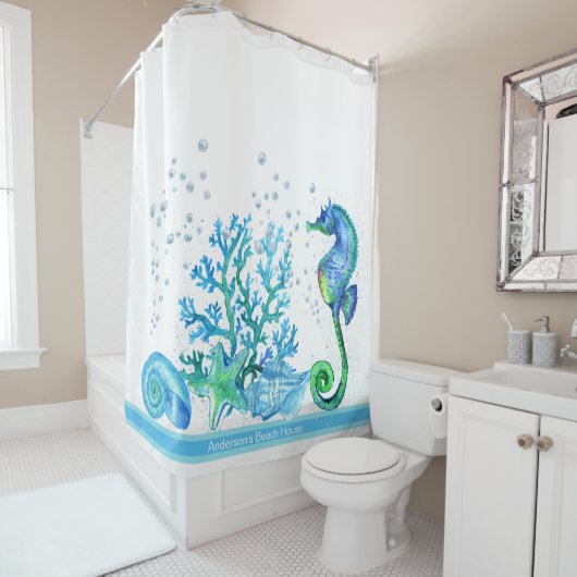 Nautisches Seepferd Custom Niedlich Aquamarin Aqua Duschvorhang (Beispiel)