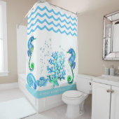 Nautisches Seepferd für Aquamarines Wasser und Wei Duschvorhang (Beispiel)