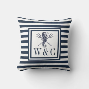 Nautisches Seepferd-Monogramm Navy Blau Gestreift Kissen