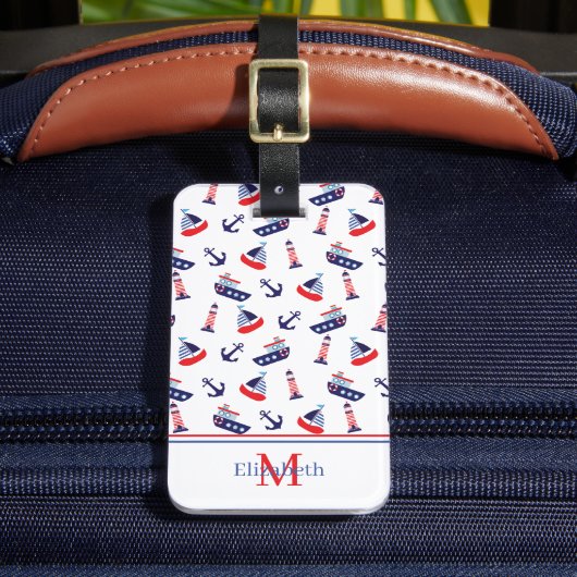 Nautisches Segelboot-Monogramm im Preppy-Stil Gepäckanhänger (Vorderseite Insitu 2)
