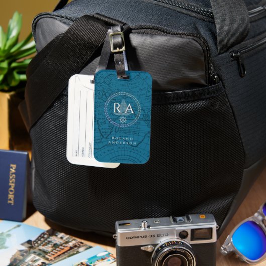 Nautisches Seil Monogramm Karte Blau Gepäckanhänger (Vorderseite & Rückseite)