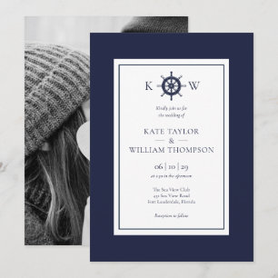 Nautisches Steuerrad Navy Blau Monogramm Hochzeits Einladung