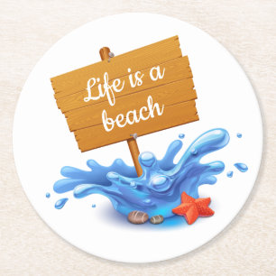 Nautisches Strand Schild Wellen Blau Hochzeitsfeie Runder Pappuntersetzer