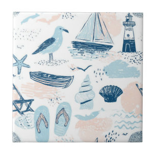 Nautisches Strand-Sommer-Blau-Rosa-Küstendesign (2 Fliese
