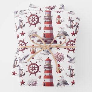 Nautisches Thema - Leuchtturm, Koralle, Meereslebe Geschenkpapier Set