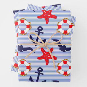 Nautisches Thema - Rettungsring, Seestern, Anker Geschenkpapier Set