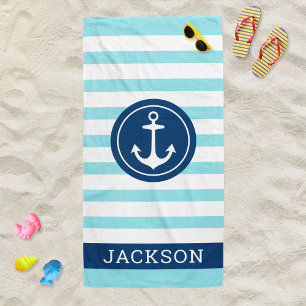 Nautisches Türkis-Streifen-Anker-Monogramm-Name Strandtuch