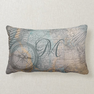 Nautisches Vintage-Karten-Kompass-Monogramm Lendenkissen