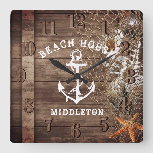 Nautisches Vintages Holz Quadratische Wanduhr (Vorderseite)