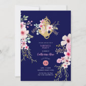 Nauwell lädt Navy Blue Pink Floral ein Einladung (Vorderseite)