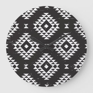 Navajo Geometric: Schwarz-weißes Stamm. Große Wanduhr