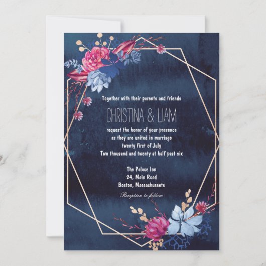 Nave Blue Chalkboard Floral Wedding Einladung (Vorderseite)