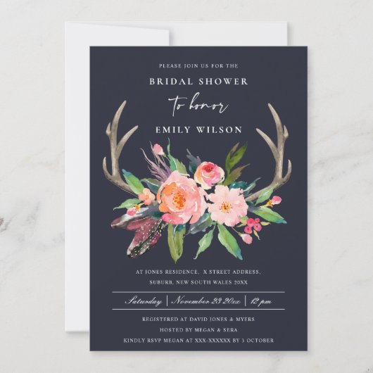 NAVIC BOHO BLUSH ANTLER FLORAL BRAUTPARTY EINLADUNG (Vorderseite)