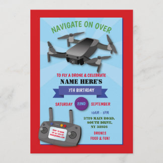Navigate Drone Birthday Party Fliegen über Red Blu Einladung