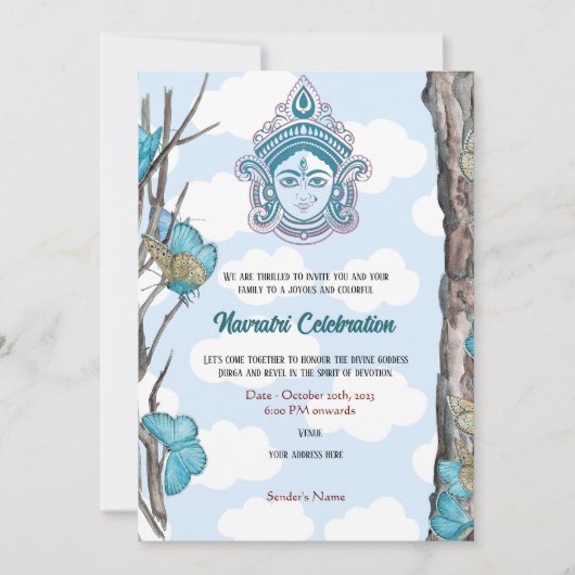 Navratri Durga Puja Celebration Sky Blue Butterfly Einladung (Vorderseite)