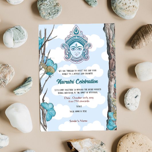 Navratri Durga Puja Celebration Sky Blue Butterfly Einladung