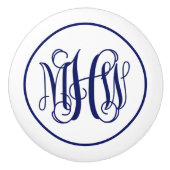 Navy 3 Initial Vine Script Monogram DIY BG Keramikknauf (Vorderseite)