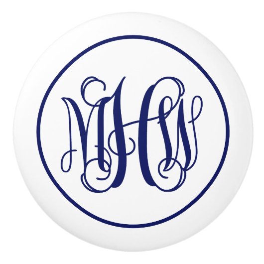 Navy 3 Initial Vine Script Monogram DIY BG Keramikknauf (Vorderseite)