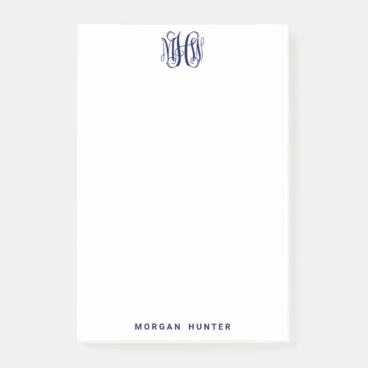 Navy 3 Initial Vine Script Monogram DIY BG Post-it Klebezettel (Vorderseite)