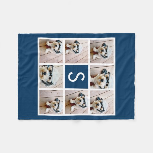 Navy 8 Photo Collage Custom Monogram Fleecedecke (Vorderseite (Horizontal))