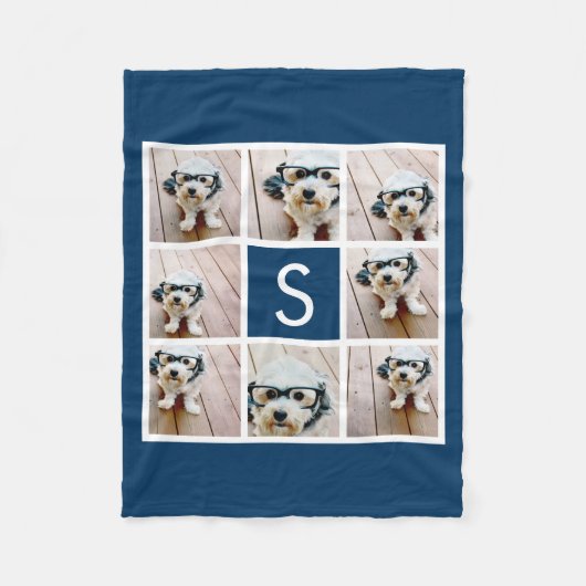 Navy 8 Photo Collage Custom Monogram Fleecedecke (Vorderseite)