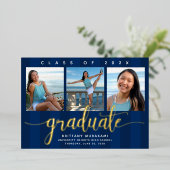 Navy Abschluss 3 Foto Modernes Drehbuch Echtgold Folieneinladung (Stehend vorne)