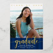 Navy Abschluss Foto moderne Drehbuch Echtgold Folieneinladung (Vorderseite)