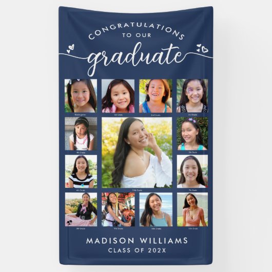 Navy Abschluss K-12 Moderne Script Foto Collage Banner (Vertikal)