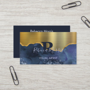 Navy Agate Brushed Gold Metal Business Card Visitenkarte