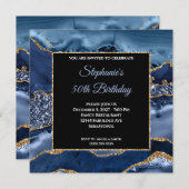 Navy Agate Gold Glitzer Glam 50. Geburtstag Einladung (Vorne/Hinten)