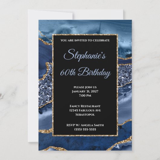 Navy Agate Gold Glitzer Glam 60. Geburtstag Einladung (Vorderseite)