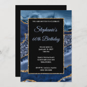 Navy Agate Gold Glitzer Glam 60. Geburtstag Einladung (Vorne/Hinten)