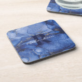 Navy Agate Monogram und Name Marble Luxe Getränkeuntersetzer (Linke Seite)