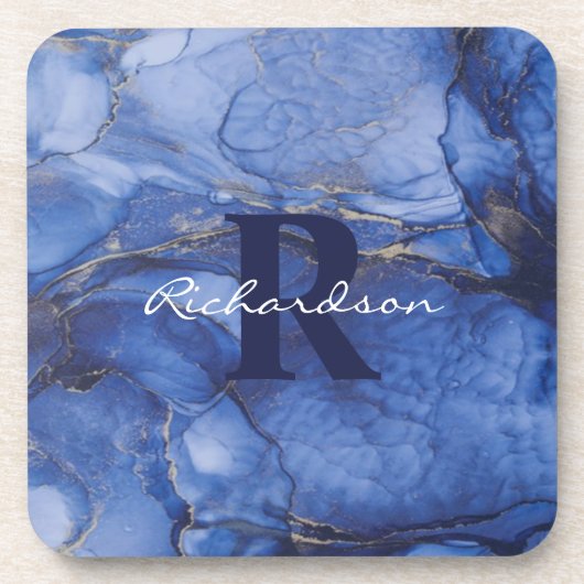 Navy Agate Monogram und Name Marble Luxe Getränkeuntersetzer (Vorderseite)