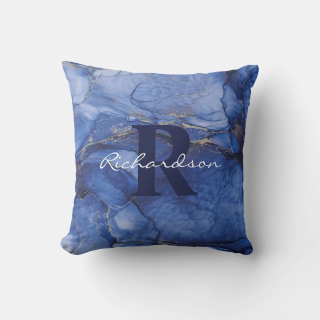 Navy Agate Monogram und Name Marble Luxe Kissen (Vorderseite)
