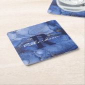 Navy Agate Monogram und Name Marble Luxe Rechteckiger Pappuntersetzer (angewinkelt)